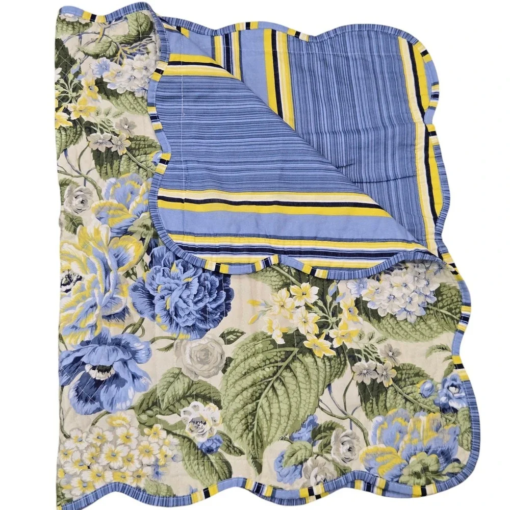Waverly Hydrangea Quilted King Pillow Sham 39x24 Reverse Stripe Scalloped Edge